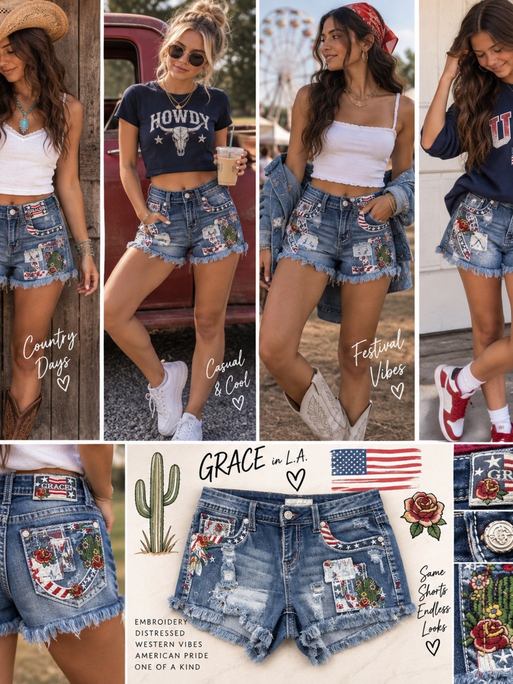 Grace in LA Women's Embroidered Distressed Denim Shorts 27